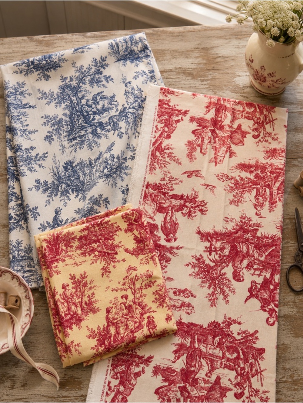 Vintage Waverly Country Life Toile Fabric Remnant Lot Red Blue French Country